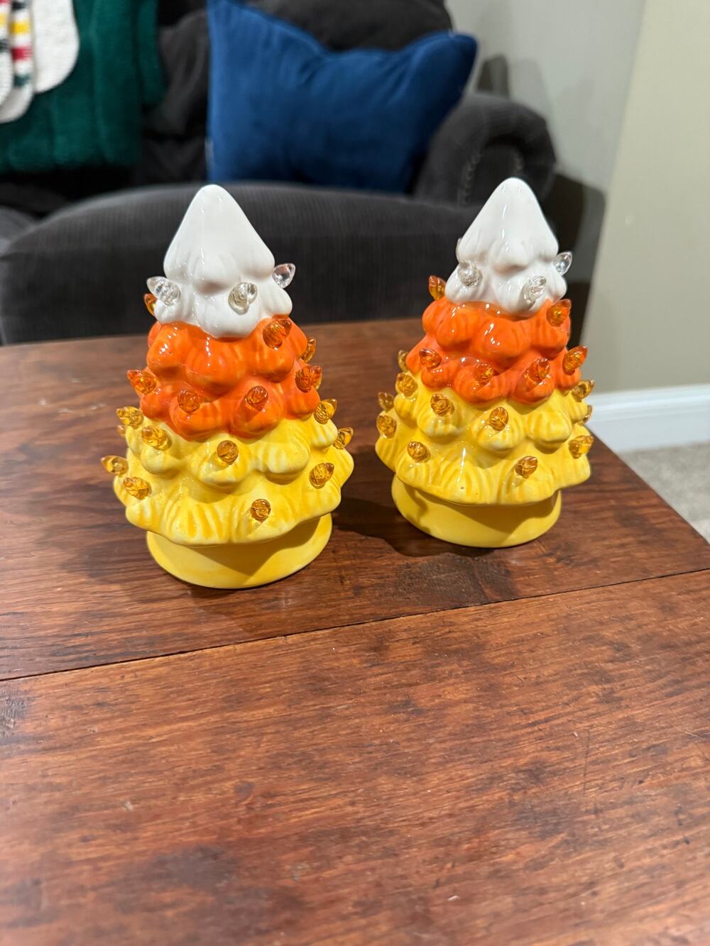 Pair of Mr. Christmas Lighted Halloween Candy Corn Trees 5"